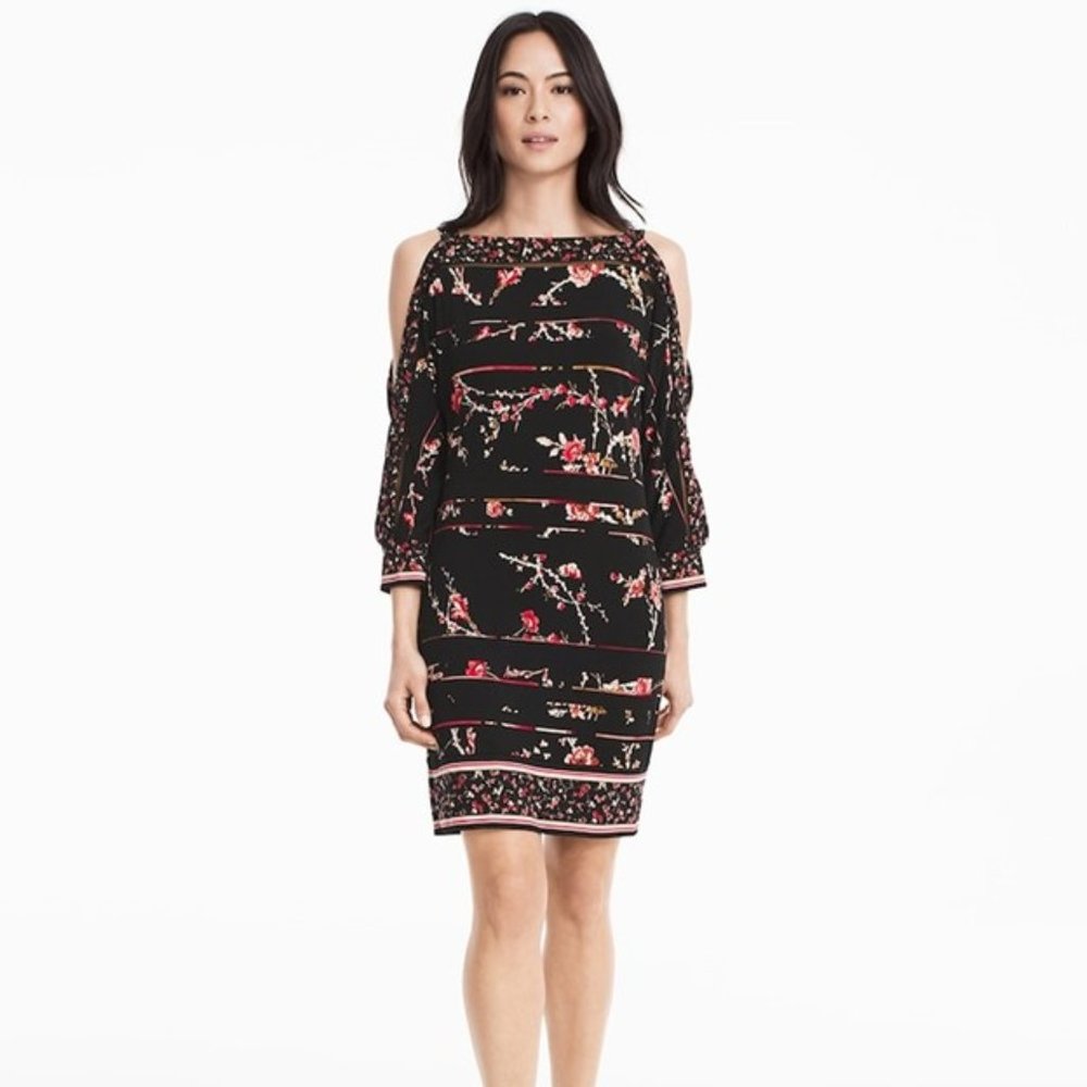 White House Black Market Split Sleeve Floral Print Knit Shift Dress - Size Large